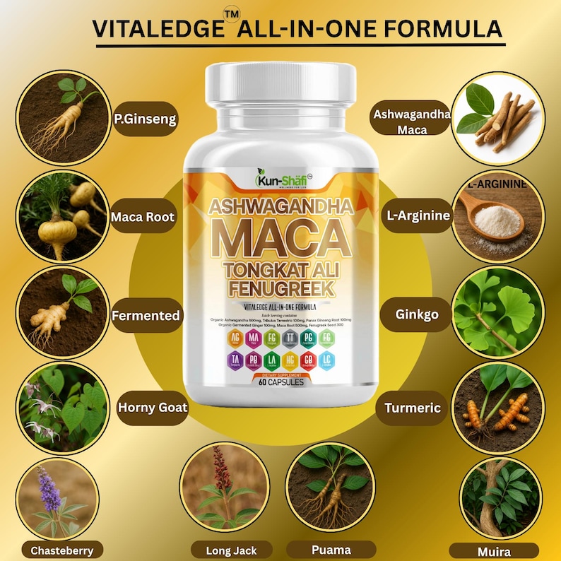 May include: A white bottle of capsules labeled "Ashwagandha Maca Tongkat Ali Fenugreek" with the "Vitaledge All-In-One Formula" logo. The image includes illustrations of ingredients like ginseng, maca root, and turmeric, with the text "60 Capsules".