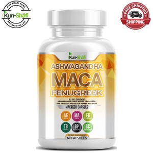 May include: A white supplement bottle with a white cap, labelled "ASHWAGANDHA MACA FENUGREEK." The bottle also features the text "ALL-IN-1 SUPPLEMENT" and "60 CAPSULES." The bottle has a "Kun-Shafi" logo and a "FREE SHIPPING" seal.