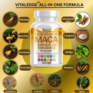 May include: A white bottle of capsules labelled "Ashwagandha Maca Tongkat Ali Fenugreek" with the "Vitaledge All-In-One Formula" logo. The image includes illustrations of ingredients like ginseng, maca root, and turmeric, with the text "60 Capsules".