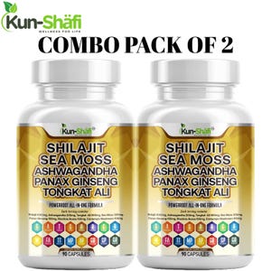 May include: Two white supplement bottles with gold labels. The labels read "Shilajit Sea Moss Ashwagandha Panax Ginseng Tongkat Ali". The bottles are labeled "Combo Pack of 2" and contain 90 capsules each.