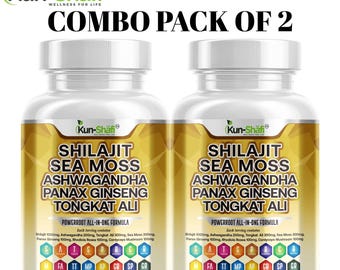 Shilajit Sea Moss Ashwagandha Capsules: Tongkat Ali & Ginseng Blend - Pack Of 2 - 180 Ct
