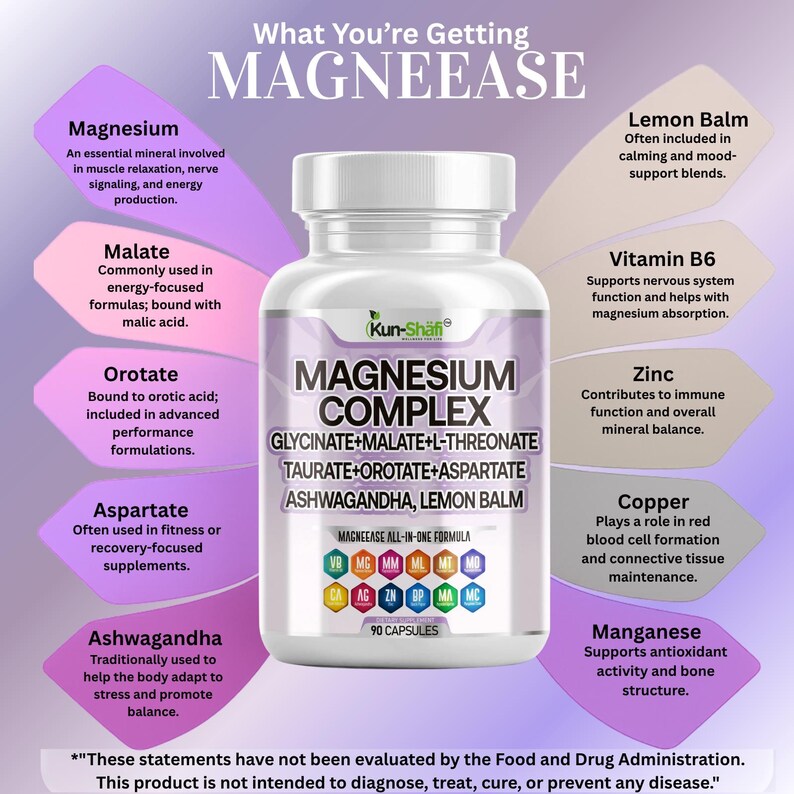 May include: A white bottle of Magnesium Complex supplements with a purple and white label. The label lists ingredients like Glycinate, Malate, and Ashwagandha. The bottle contains 90 capsules and is part of the MAGNEEASE all-in-one formula.