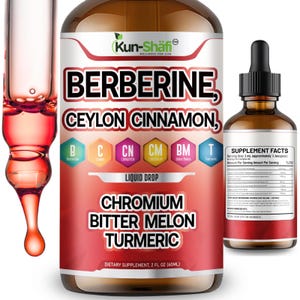 Puede incluir: Una botella de suplemento dietético con el texto "BERBERINE, CEYLON CINNAMON" y otros ingredientes. La etiqueta también incluye "CHROMIUM, BITTER MELON, TURMERIC". También se ve un frasco cuentagotas y una pipeta con líquido rojo.