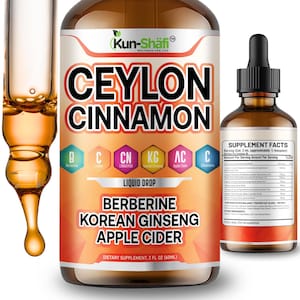 Könnte beinhalten: Eine braune Flasche Ceylon-Zimt-Flüssigkeitstropfen mit einer Pipette. Auf dem Etikett steht "Berberine Korean Ginseng Apple Cider" und "Nahrungsergänzungsmittel, 60 ml". Nährwertangaben sind ebenfalls sichtbar.