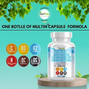 K&ouml;nnte beinhalten: Eine Flasche "Multin Capsule Formula" Nahrungserg&auml;nzungsmittel. Das Etikett listet Inhaltsstoffe wie K2, D3, Quercetin, Vitamin C und Schwarzk&uuml;mmel&ouml;l auf. Das Bild zeigt auch farbenfrohe Symbole f&uuml;r Vitamine und Nahrungserg&auml;nzungsmittel.