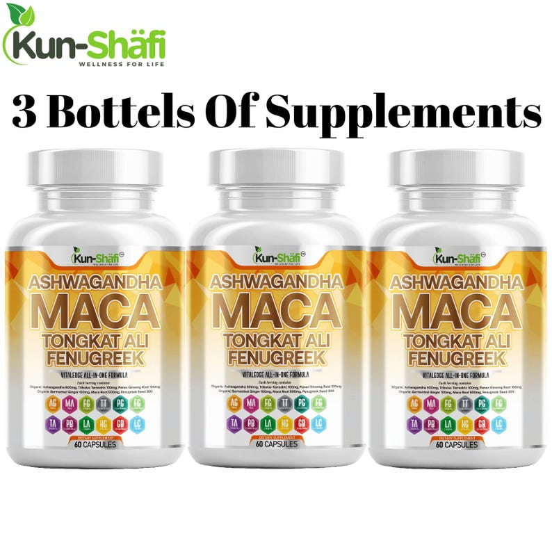 May include: Three white supplement bottles with silver lids. Each bottle has a yellow and orange label with the words "ASHWAGANDHA MACA TONGKAT ALI FENUGREEK". The text "60 CAPSULES" is also visible.