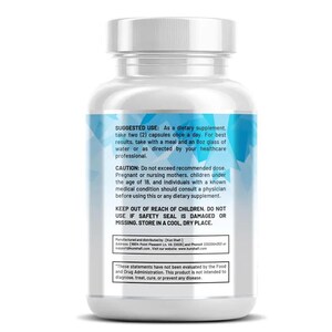 K&ouml;nnte beinhalten: Eine transparente Plastikflasche gef&uuml;llt mit Kapseln, mit einem wei&szlig;en Deckel. Das Etikett hat blaue und wei&szlig;e geometrische Designs und Text, einschlie&szlig;lich Gebrauchsanweisungen und Warnhinweisen. Die Flasche ist f&uuml;r Nahrungserg&auml;nzungsmittel.