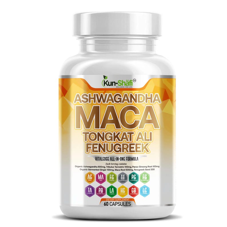 May include: A white plastic bottle of Kun-Sh&auml;fi dietary supplement capsules. The label features the words "ASHWAGANDHA MACA TONGKAT ALI FENUGREEK" in large, bold letters. The bottle contains 60 capsules and includes a list of ingredients.
