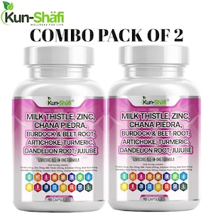 Könnte beinhalten: Zwei weiße Nahrungsergänzungsmittelflaschen mit rosa und lila Etiketten. Die Etiketten listen Zutaten wie Mariendistel, Zink und Chanca Piedra auf. Der Text "COMBO PACK OF 2" befindet sich über den Flaschen. Jede Flasche enthält 90 Kapseln.