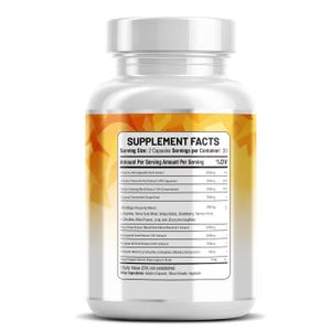 May include: A white plastic supplement bottle with a white lid. The label displays "SUPPLEMENT FACTS" and lists ingredients like Organic Ashwagandha Root Extract and Maca Root Extract. The bottle contains 30 servings of 2 capsules each.