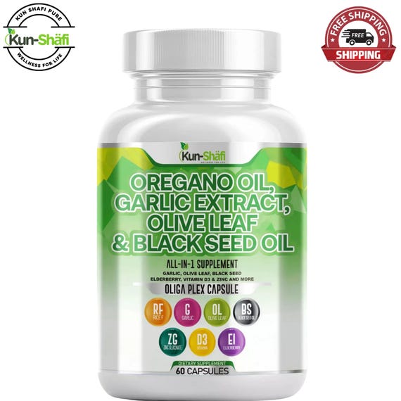 Vegan Oregano Oil Capsules: Black Seed, Garlic & Olive Leaf - 60 Count