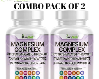 Magnesium Complex Capsules: Glycinate, Malate, Ashwagandha & Lemon Balm -Pack of 2 - 180 Ct