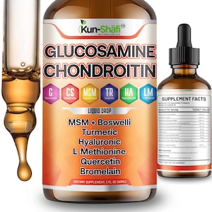 May include: A brown bottle of liquid dietary supplement with the words "Glucosamine Chondroitin" in large letters. The label lists ingredients such as MSM, Turmeric, and Hyaluronic Acid. A dropper is visible.