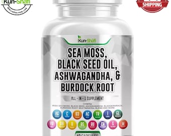 Seemoos-Kapseln – Irisches Seemoos, Schwarzkümmelöl, Ashwagandha, Klette, Blasentang & Kräutermischung | 60 Vegan | Kun Shafi