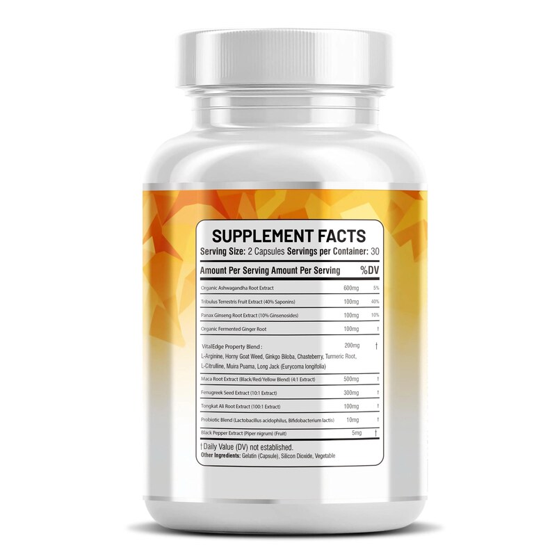 May include: A white plastic supplement bottle with a white lid. The label displays "SUPPLEMENT FACTS" and ingredient information. The bottle contains capsules, and the label has a yellow and orange design.