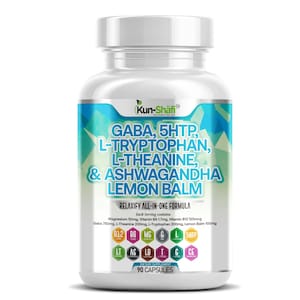 May include: A white plastic bottle of Kun-Shäfi dietary supplement capsules. The label features the text "GABA, 5HTP, L-TRYPTOPHAN, L-THEANINE, & ASHWAGANDHA LEMON BALM" in teal and white. The bottle contains 90 capsules.