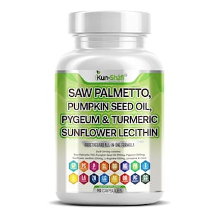 Pode incluir: Uma garrafa de plástico branco de suplementos dietéticos com um rótulo verde e branco. O rótulo lista ingredientes, incluindo Saw Palmetto, óleo de semente de abóbora e lecitina de girassol. A garrafa contém 90 cápsulas.