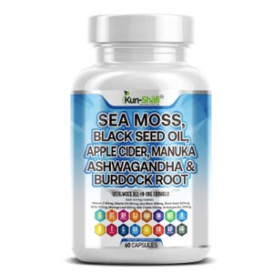 May include: A white plastic bottle of dietary supplement capsules. The label features the text "SEA MOSS, BLACK SEED OIL, APPLE CIDER, MANUKA, ASHWAGANDHA & BURDOCK ROOT." The bottle contains 60 capsules and is labeled as a dietary supplement.