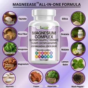 May include: A white bottle of "MAGNESIUM COMPLEX" capsules with a purple label. The label lists ingredients like Glycinate, Malate, and L-Threonate. Surrounding the bottle are images of ingredients such as rice fiber, manganese, and black pepper.