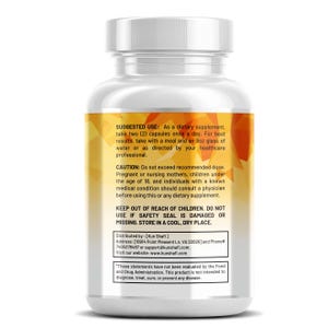 May include: A clear plastic bottle containing capsules, with a white cap and a yellow and orange label. The label provides usage instructions and warnings. The bottle is for dietary supplements, with a cool, dry storage recommendation.