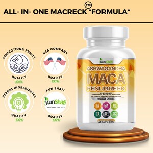 Może przedstawiać: Biała butelka kapsułek suplementu diety z napisem "ASHWAGANDHA MACA FENUGREEK" z "ALL-IN-ONE MACRECK *FORMULA*". Butelka stoi na brązowej, warstwowej platformie. Etykieta zawiera logo Kun-Shafi i "60 CAPSULES".