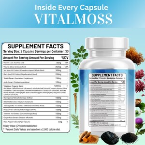 May include: A white supplement bottle with a blue label, containing capsules. The label displays supplement facts, including ingredients like Vitamin C, Sea Moss, and Black Seed Extract. The text "VITALMOSS" is at the top. The image includes various herbs and spices.