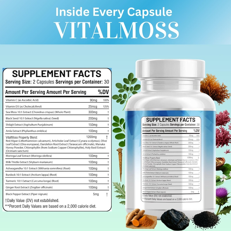 May include: A white supplement bottle with a blue label, containing capsules. The label displays supplement facts, including ingredients like Vitamin C, Sea Moss, and Black Seed Extract. The text "VITALMOSS" is at the top. The image includes various herbs and spices.