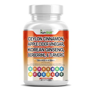 May include: A white plastic bottle of Kun-Shafi dietary supplement capsules. The label features text including "Ceylon Cinnamon, Apple Cider Vinegar, Korean Ginseng, Berberrine, & Turmeric." The bottle contains 60 capsules.