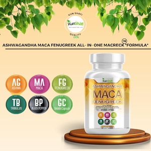 Może przedstawiać: Przezroczysta plastikowa butelka kapsułek Kun Shafi Ashwagandha Maca Kozieradka. Etykieta zawiera nazwę marki i informacje o produkcie. Butelka stoi na brązowej, wielopoziomowej platformie.