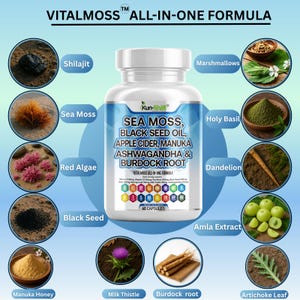 May include: A white bottle of Vitalmoss All-In-One Formula capsules, with a blue and white label. The label lists ingredients like Sea Moss, Black Seed Oil, and Ashwagandha. Surrounding the bottle are images of the ingredients, including Shilajit, Sea Moss, and Marshmallows.