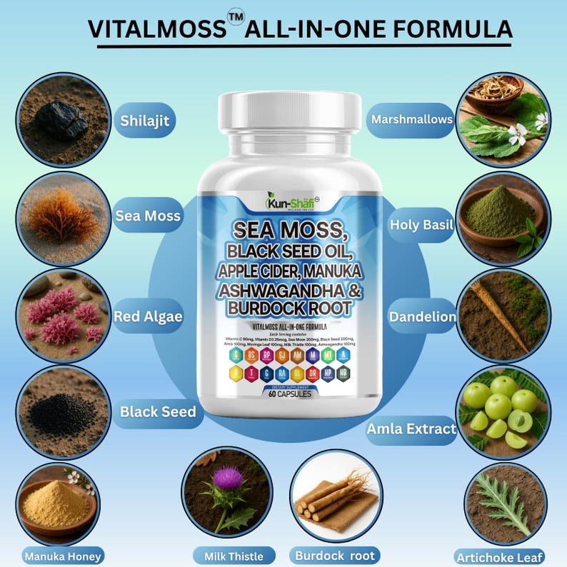 May include: A white bottle of Vitalmoss All-In-One Formula capsules, with a blue and white label. The label lists ingredients like Sea Moss, Black Seed Oil, and Ashwagandha. Surrounding the bottle are images of the ingredients, including Shilajit, Sea Moss, and Marshmallows.