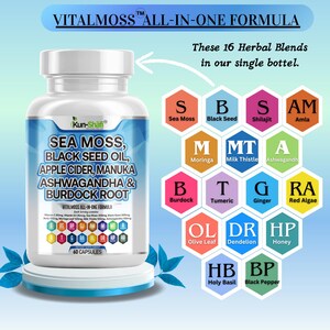 May include: A white bottle of Vitalmoss All-In-One Formula capsules. The label lists ingredients including Sea Moss, Black Seed Oil, and Ashwagandha. The bottle contains 60 capsules and is displayed with 16 herbal blend icons.