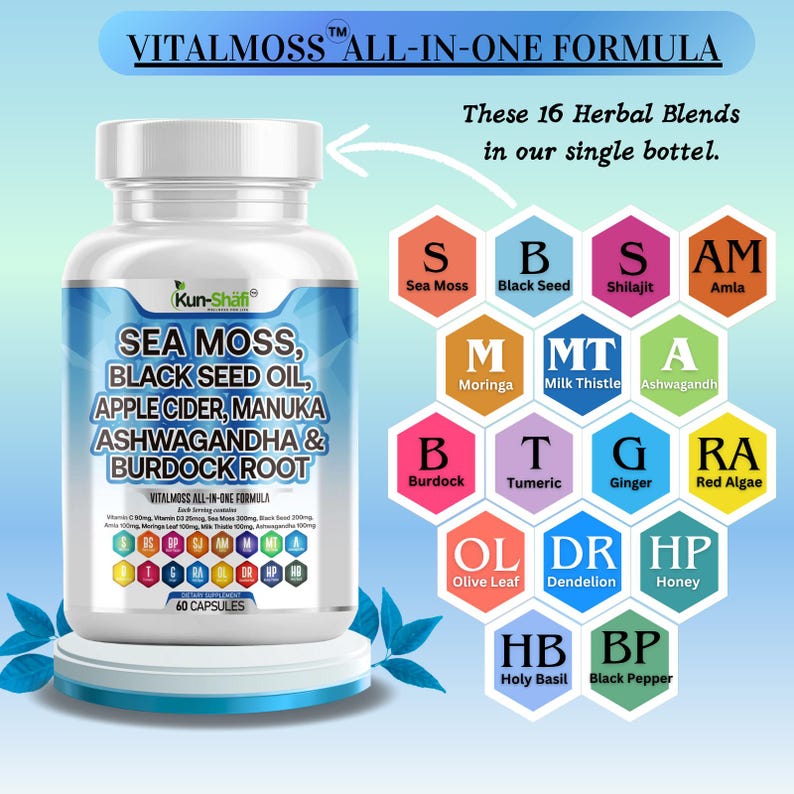 May include: A white bottle of Vitalmoss All-In-One Formula capsules. The label lists ingredients including Sea Moss, Black Seed Oil, and Ashwagandha. The bottle contains 60 capsules and is displayed with 16 herbal blend icons.