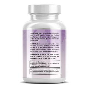 May include: A clear plastic bottle of dietary supplement capsules with a white cap. The label includes usage instructions and warnings. The text on the label is in English. The bottle is on a white background.