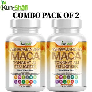 May include: Two white supplement bottles with yellow and orange labels. The labels read "ASHWAGANDHA MACA TONGKAT ALI FENUGREEK" and "VITALEDGE ALL-IN-ONE FORMULA". The bottles are labeled "60 CAPSULES" and the text "COMBO PACK OF 2" is at the top.