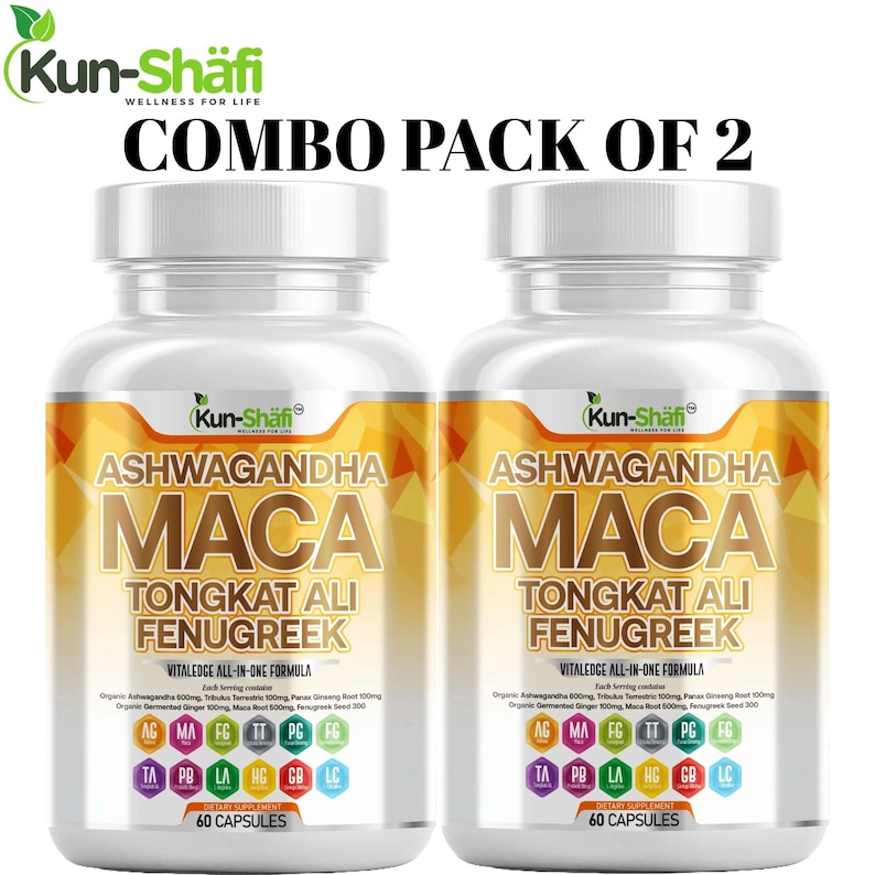 May include: Two white supplement bottles with yellow and orange labels. The labels read "ASHWAGANDHA MACA TONGKAT ALI FENUGREEK" and "VITALEDGE ALL-IN-ONE FORMULA". The bottles are labeled "60 CAPSULES" and the text "COMBO PACK OF 2" is at the top.