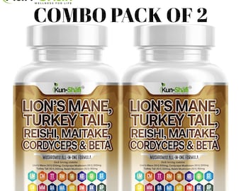 Lion’s Mane, Turkey Tail, Reishi, Chaga, Maitake, Meshima, Cordyceps & Mushroom Complex – Pack Of 2 – 120 Capsules