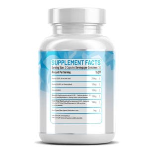 K&ouml;nnte beinhalten: Eine wei&szlig;e Erg&auml;nzungsflasche mit wei&szlig;em Deckel. Das Etikett zeigt "Supplement Facts" und Zutateninformationen. Die Flasche enth&auml;lt Kapseln. Das Etikett hat ein blaues und wei&szlig;es Design.