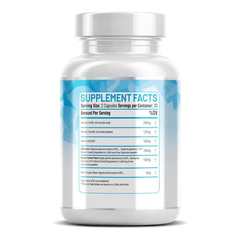 K&ouml;nnte beinhalten: Eine wei&szlig;e Erg&auml;nzungsflasche mit wei&szlig;em Deckel. Das Etikett zeigt "Supplement Facts" und Zutateninformationen. Die Flasche enth&auml;lt Kapseln. Das Etikett hat ein blaues und wei&szlig;es Design.