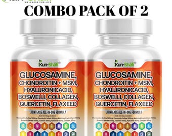 Glucosamine, Chondroitin, MSM, Hyaluronic Acid, Boswellia, Collagen, Quercetin & Flaxseed – Pack of 2 - 120 Capsules | Kun Shafi
