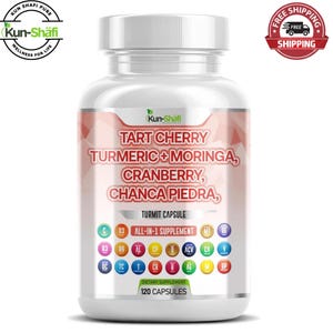 May include: A white supplement bottle with a white cap. The label features text: Tart Cherry, Turmeric + Moringa, Cranberry, Chanca Piedra. It also says Turmit Capsule, All-in-1 Supplement, and Dietary Supplement. The bottle contains 120 capsules.