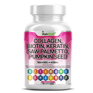 May include: A white plastic bottle with a white cap, containing 90 capsules. The label features the words "COLLAGEN, BIOTIN, KERATIN, SAW PALMETTO, PUMPKIN SEED" in large, bold letters. The bottle also lists various vitamins and the text "DERMAFUSION ALL-IN-ONE FORMULA".