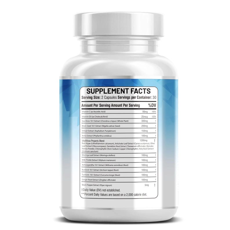 May include: A white supplement bottle with a blue label displaying supplement facts. The label lists ingredients and their amounts per serving. The bottle contains capsules, and the serving size is two capsules.