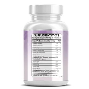 May include: A clear plastic supplement bottle with a white cap. The label displays supplement facts, including ingredients like Vitamin D3, Zinc, and Magnesium. The bottle contains 30 servings.