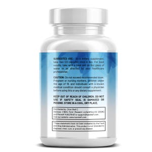 May include: A clear plastic bottle filled with capsules, featuring a white cap and a blue label with text. The label includes usage instructions, warnings, and contact information. The bottle is designed for dietary supplements.