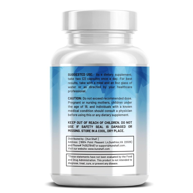 May include: A clear plastic bottle filled with capsules, featuring a white cap and a blue label with text. The label includes usage instructions, warnings, and contact information. The bottle is designed for dietary supplements.