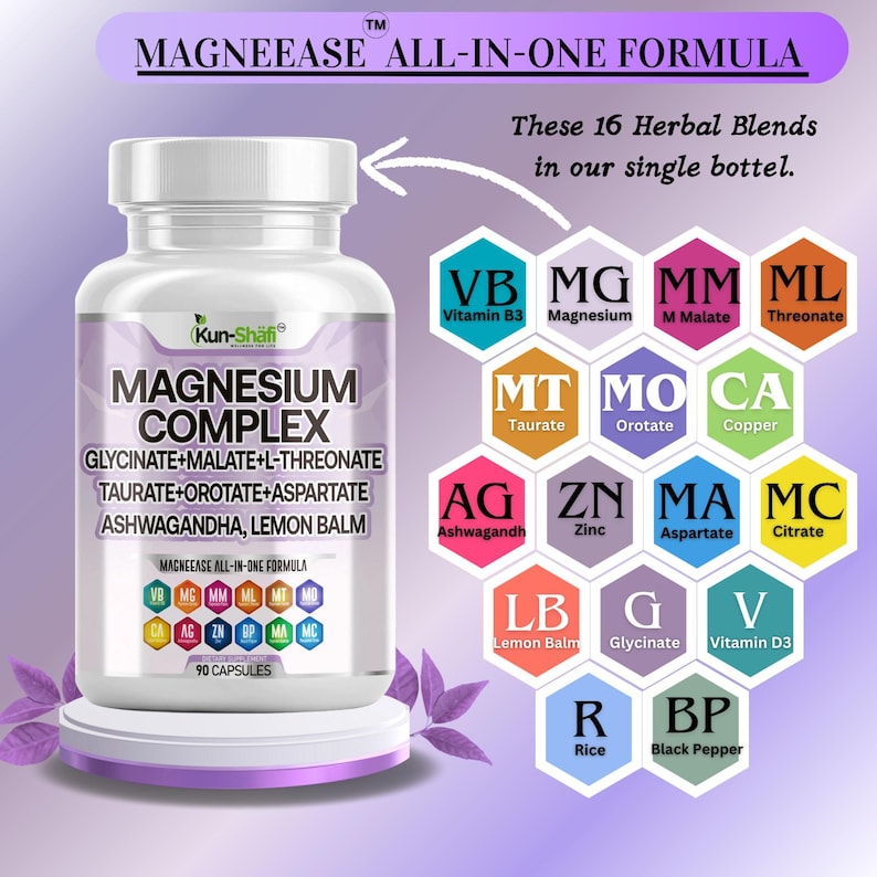 May include: A white bottle of Magnesium Complex capsules with a purple and white label. The label lists ingredients like Glycinate, Malate, and L-Threonate. Sixteen herbal blends are listed in the image. The bottle contains 90 capsules.