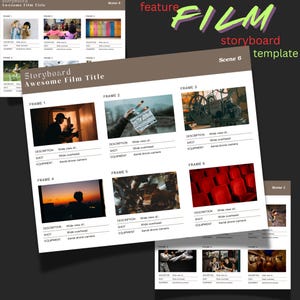 Op de afbeelding: Een film storyboard sjabloon met de titel "Awesome Film Title" wordt getoond. De sjabloon bevat zes frames met beschrijvingen, shots en apparatuurdetails. De woorden "feature" en "film" zijn in het groen geschreven.
