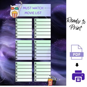 Movie List Printable | Instant Download PDF | Movie Checklist Template | Film Bucket List | Digital File for Movie Lovers
