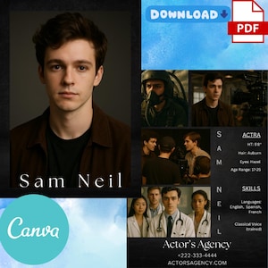 Actor Comp Card Template Canva: Modern Black Marble Design